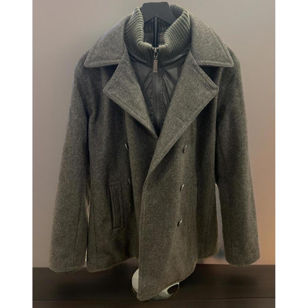 NEW Ben Sherman Wool Double Breasted Funnel Collar Pea Coat in Jet Black Size L